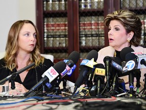 Attorney Gloria Allred, right, and her client Louisette Geiss speak during a press conference about her clients allegations of sexual harassment by Harvey Weinstein.