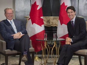 Prime Minister Justin Trudeau meets with Eric Schmidt, executive chairman of Alphabet Inc., at the Global Progress conference Thursday, September 15, 2016 in Montreal