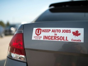 A Unifor bumper sticker reads "Keep Auto Jobs in Ingersoll”. The union calls the strike at the GM plant here "the poster child for what’s wrong with Nafta."