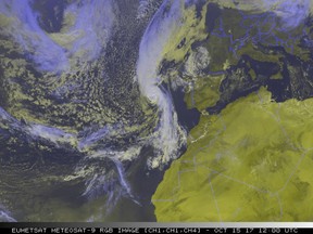 This satellite image released by the National Oceanic and Atmospheric Administration shows Hurricane Ophelia on Sunday, Oct. 15, 2017. The remnants of Ophelia could bring 80 mile an hour (130 kilometer an hour) wind gusts, disruption and damage to Ireland and Britain as the work week gets underway, weather services said Sunday. (NOAA via AP)