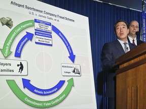 FILE - In this Sept. 26, 2017, file photo, acting U.S. Attorney for the Southern District of New York, Joon H. Kim, left, and FBI Assistant Director William Sweeney, Jr., right, hold a press conference to announce the arrest of four assistant basketball coaches from Arizona, Auburn, the University of Southern California and Oklahoma State on federal corruption charges, in New York. The spate of arrests, the details of under-the-table bribes to teenagers and the expected downfall of one of the sport's best-known coaches has triggered uncomfortable soul searching among universities that run the nation's most prominent college basketball programs. At stake is the future of a business that, over the span of 22 years ending in 2032, will produce $19.6 billion in TV money for the NCAA Tournament, known to the public, simply, as March Madness.                        (AP Photo/Bebeto Matthews, File)