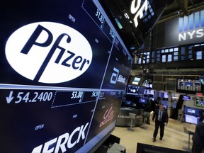 FILE - This April 6, 2016, file photo shows the Pfizer logo appearing on a screen above its trading post on the floor of the New York Stock Exchange. Pfizer said Tuesday, Oct. 10, 2017, it may sell its consumer health care business, which includes the Advil brand, as part of a strategic review. (AP Photo/Richard Drew, File)
