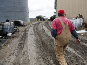 FILE - In this Tuesday, April 4, 2017, file photo, Blake Hurst, a corn and soybean farmer and president of the Missouri Farm Bureau, walks to the tractor shed on his farm in Westboro, Mo. U.S. President Donald Trump has vowed to redo the North American Free Trade Agreement, but NAFTA has widened access to Mexican and Canadian markets, boosting U.S. farm exports and benefiting many farmers. Hurst says NAFTA has been good for his business and worries that he'll lose out in a renegotiation. (AP Photo/Nati Harnik, File)