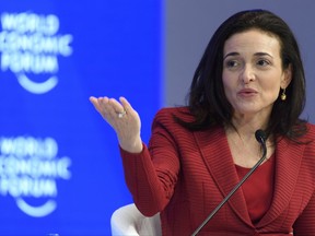 FILE - In this Wednesday, Jan. 18, 2017, file photo, Facebook Chief Operating Officer Sheryl Sandberg speaks during a plenary session during the annual meeting of the World Economic Forum in Davos, Switzerland. Sandberg says the ads linked to Russia trying to influence the U.S. presidential election should "absolutely" be released to the public. In an interview with Axios, Thursday, Oct. 12, 2017, Sandberg also said the company has the responsibility to prevent the kind of abuse that occurred on its platform during the election. (Laurent Gillieron/Keystone via AP, File)