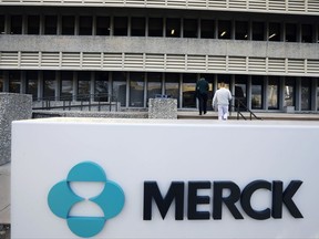 FILE - This Thursday, Dec. 18, 2014, file photograph, shows a sign at the Merck company facilities in Kenilworth, N.J. Merck & Company, Inc. reports earnings, Friday, Oct. 27, 2017. (AP Photo/Mel Evans, File)