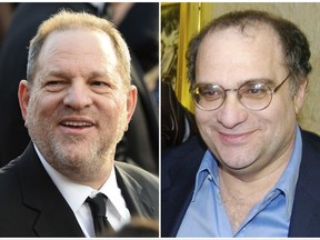 This combination photo shows Harvey Weinstein arrives at the Oscars in Los Angeles on Feb. 28, 2016, left, and his brother Bob Weinstein at the premiere of "Sin City," in Los Angeles on March 28, 2005. Harvey Weinstein was fired Sunday by the Weinstein Co., the studio he co-founded with his brother Bob, after a bombshell New York Times expose alleged decades of crude sexual behavior on his part toward female employees and actresses. (AP Photo/File)