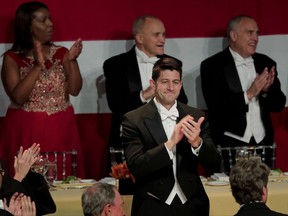 Speaker of the House Paul Ryan applauds as attendees to the 72nd Annual Alfred E. Smith Memorial Foundation dinner are announced Thursday, Oct. 19, 2017, in New York. (AP Photo/Julie Jacobson)