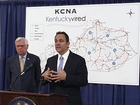 FILE- This Sept. 16, 2016 file photo, shows Republican Kentucky Gov. Matt Bevin, right, and U.S. Rep. Hal Rogers discussing the status of the statewide broadband network at the state Capitol in Frankfort, Ky. Launched with considerable fanfare in 2015, Kentucky Wire has been plagued by delays that have cost taxpayers $7 million in penalties. State Sen. Chris McDaniel has asked project officials to figure out how much it would cost for the state to get out of the deal. But others, including Republican Gov. Matt Bevin and U.S. Rep. Hal Rogers, say they are committed to seeing it through. (AP Photo/Adam Beam, File)