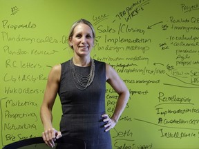 In this Wednesday, Oct. 4, 2017, photo, Kirsten Curry, owner of Leading Retirement Solutions, poses for a portrait in her office in Seattle. Curry has applied to four banks for loans for the retirement planning advisory firm and been turned down by three. Curry isn't optimistic about an approval from the fourth bank, so she and her finance manager are working with a referral program to link them up with other banks. (AP Photo/Elaine Thompson)