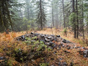 Rocks from a survey pit sit on the grounds near a West High Yield (W.H.Y.) Resources Ltd. GPS survey coordinate outside of Rossland, British Columbia.