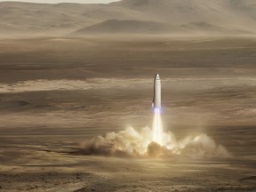 An artist's rendering of SpaceX's new mega-rocket design on Mars.