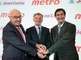 Group Jean Coutu Chairman Jean Coutu, left, Metro Inc., President and CEO Eric La Fleche, centre, and Jean Coutu President and CEO Francois Coutu pose for photographs following a news conference in Montreal, Monday, October 2, 2017.