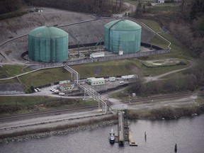 Kinder Morgan Trans Mountain Expansion Project's Westeridge loading dock, with green tanks, in Burnaby, B.C.