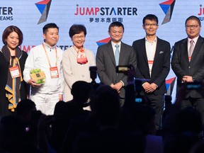 From left, Lindy Lau, co-founder of En-Trak Hong Kong Ltd.; Gordon Tam, founder of Farm66 Investment Ltd.; Carrie Lam, Hong Kong's chief executive; Jack Ma, chairman of Alibaba Group Holding Ltd.; Wang Defeng, chief technology officer and founder of CuttingEdge Medtech Ltd.; and Vincent Chow, chief executive officer and founder of En-Trak Hong Kong Ltd. at the Jumpstarter pitch event in Hong Kong this week.