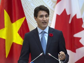 Canadian Prime Minister Justin Trudeau responds to a question during a joint media availability with Prime Minister of the Socialist Republic of Vietnam Nguyen Huan Phuc in Hanoi, Vietnam Wednesday November 8, 2017. Trudeau says he's satisfied with the public explanation provided by a top Liberal fundraiser whose name surfaced in leaked documents that provide details on legal, offshore tax havens used by the wealthy. THE CANADIAN PRESS/Adrian Wyld