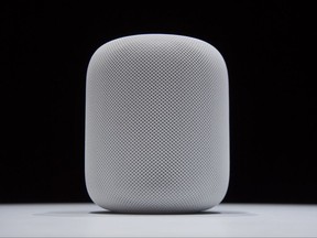 The HomePod speaker on display at the Apple Worldwide Developers Conference