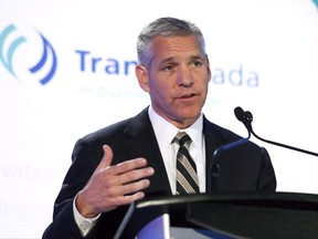 Russ Girling, President and CEO of TransCanada Corp. speaks at the company annual meeting in Calgary, Friday, April 29, 2016. TransCanada Corp. earned $612 million in its latest quarter compared with a loss a year ago. THE CANADIAN PRESS/Mike Ridewood