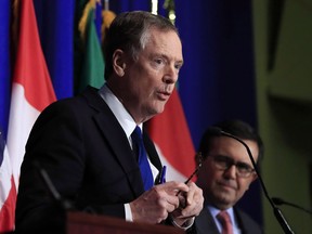 Eight governors have written a letter to Canadian and U.S. senior officials seeking a drastic expansion in the $20 duty-free limit Canada allows for online purchases. United States Trade Representative Robert Lighthizer, left, with Mexico's Secretary of Economy Ildefonso Guajardo Villarreal, right, speaks during the conclusion of the fourth round of negotiations for a new North American Free Trade Agreement (NAFTA) in Washington, Tuesday, Oct. 17, 2017. THE CANADIAN PRESS/AP-Manuel Balce Ceneta