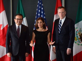 Minister of Foreign Affairs Chrystia Freeland meets for a trilateral meeting with Mexico's Secretary of Economy Ildefonso Guajardo Villarreal, left, and Ambassador Robert E. Lighthizer, United States Trade Representative, during the final day of the third round of NAFTA negotiations at Global Affairs Canada in Ottawa on Wednesday, Sept. 27, 2017. The lead ministers for Canada, the U.S., and Mexico will not be attending the current NAFTA negotiating round. It's the first time that's happened since talks started. THE CANADIAN PRESS/Sean Kilpatrick
