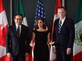 Minister of Foreign Affairs Chrystia Freeland meets for a trilateral meeting with Mexico's Secretary of Economy Ildefonso Guajardo Villarreal, left, and Ambassador Robert E. Lighthizer, United States Trade Representative, during the final day of the third round of NAFTA negotiations at Global Affairs Canada in Ottawa on Wednesday, Sept. 27, 2017.