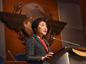 Fang Liu, secretary general of the International Civil Aviation Organization, speaks in Montreal, Monday, Nov.27, 2017. Liu says the global industry has to do a better job attracting enough workers to meet the sector's growing employment needs. THE CANADIAN PRESS/HO-ICAO MANDATORY CREDIT
