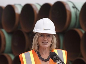 Alberta Premier Rachel Notley speaks to media during a tour of Enbridge's Line 3 pipeline replacement project in Hardisty, Alta.