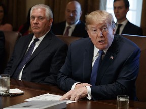 Secretary of State Rex Tillerson listens as President Donald Trump speaks during a cabinet meeting at the White House, Wednesday, Nov. 1, 2017, in Washington. (AP Photo/Evan Vucci)