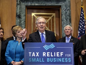 Senate Majority Leader Mitch McConnell, R-Ky., joined by, from left, Small Business Administration Administrator Linda McMahon, Sen. Roger Wicker, R-Miss., and Sen. Roy Blunt, R-Mo., speaks to a group of small business owners as Republicans work to pass their sweeping tax bill, a blend of generous tax cuts for businesses and more modest tax cuts for families and individuals, on Capitol Hill in Washington, Thursday, Nov. 30, 2017. (AP Photo/J. Scott Applewhite)