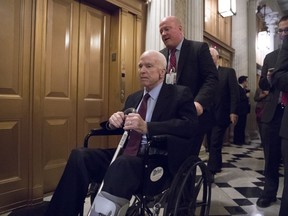 Senate Armed Services Chairman John McCain, R-Ariz., arrives for votes on Capitol Hill in Washington, Monday evening, Nov. 27, 2017. President Donald Trump and Senate Republicans are scrambling to change a Republican tax bill in an effort to win over holdout GOP senators and pass a tax package by the end of the year. (AP Photo/J. Scott Applewhite)