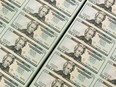 Sheets of freshly made twenty dollar bills lay in stacks at the U.S. Bureau of Engraving and Printing in Washington, DC.