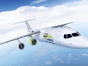 The artist rendering provided by Airbus on Tuesday, Nov. 28, 2017 shows an Airbus e-FanX hybrid test plane. The aircraft will be flying with one electric turbofan motor and 3 conventional engines. The electric power for the electric engine is being produced by a turbine within the plane that serves as a generator. (Airbus via AP)