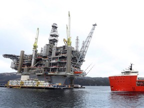 The Hebron Platform, anchored in Trinity Bay, N.L., is now located 350 kilometres off the coast of Newfoundland and Labrador.