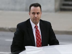 In this file photo taken on Thursday, Nov. 19, 2015, former Subway pitchman Jared Fogle arrives at the federal courthouse in Indianapolis. A federal judge in Indianapolis has rejected an appeal that Fogle filed himself in an attempt to overturn his child pornography and sex abuse convictions. (AP Photo/Michael Conroy, File)
