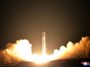 This Wednesday, Nov. 29, 2017, image provided by the North Korean government on Thursday, Nov. 30, 2017, shows what the North Korean government calls the Hwasong-15 intercontinental ballistic missile, at an undisclosed location in North Korea. Independent journalists were not given access to cover the event depicted in this image distributed by the North Korean government. The content of this image is as provided and cannot be independently verified. Korean language watermark on image as provided by source reads: "KCNA" which is the abbreviation for Korean Central News Agency. (Korean Central News Agency/Korea News Service via AP)