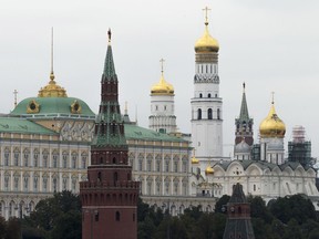 This Friday, Sept. 29, 2017 photo shows the Kremlin in Moscow. The hackers who intervened in America's 2016 presidential contest worked business hours, Moscow time: They created nearly all their links from 9 a.m. to 6 p.m., according to AP's analysis of data from cybersecurity firm Secureworks. They were busiest in the midday hours and took weekends off. (AP Photo/Ivan Sekretarev)