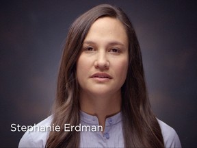 This photo provided by Honda shows Stephanie Erdman in a video targeting Honda owners who have yet to get free repairs under the massive Takata recalls. Erdman, an Air Force officer, nearly lost her right eye when the inflator in her 2002 Civic exploded into pieces in a crash in 2013. Now, she is helping Honda's effort to persuade car owners to get the dangerous parts replaced. (Courtesy of Honda via AP)