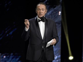 FILE - In this Oct. 27, 2017 photo, Kevin Spacey presents the award for excellence in television at the BAFTA Los Angeles Britannia Awards at the Beverly Hilton Hotel in Beverly Hills, Calif. British media reported Friday, Nov. 3, that London police are investigating Spacey over an alleged 2008 assault. Police declined to name Spacey as the subject of the investigation, but confirmed they are looking into a 2008 incident in Lambeth that several British media outlets say involved Spacey, who has been accused of sexual harassment by several men in recent days.  (Photo by Chris Pizzello/Invision/AP, File)