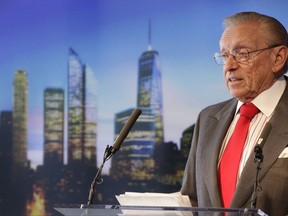FILE - In this Aug. 24, 2011 file photo, developer Larry Silverstein speaks at a news conference in New York where he discussed the progress at the World Trade Center. Insurers for defendants including American Airlines and United Airlines have agreed to pay $95 million to Silverstein and World Trade Center Properties to settle claims that security lapses led planes to be hijacked in the Sept. 11 attacks. (AP Photo/Mark Lennihan, File)