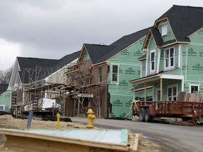 In this Wednesday, March 1, 2017, photo, new home construction is underway in a housing plan in Zelienople, Pa. It's lining up to be another strong year for investors who own homebuilding stocks as a proxy bet on the health of the U.S. housing market. Housing market trends are expected to remain favorable for builders, but those focusing on first-time buyers could be the safest bet for further gains. (AP Photo/Keith Srakocic)