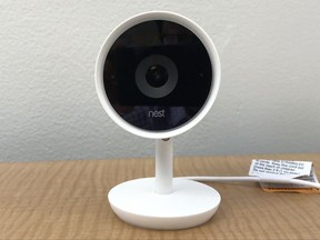 This July 25, 2017, frame grab from video shows the Nest Cam IQ camera. Nest's newest home security camera is supposed to be so smart that it can recognize anyone entering its sight line after it has been introduced to someone. That skill comes from facial recognition technology made by sister company Google. As The Associated Press discovered, the Nest Cam IQ has an uncanny knack for recognizing people, even when they're disguised. (AP Photo/Ryan Nakashima)