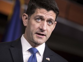 In this Nov. 9, 2017, photo, Speaker of the House Paul Ryan, R-Wis., meets with reporters as he encourages support for Republican tax reform legislation, on Capitol Hill in Washington.  The House and Senate tax overhaul plans are broadly similar, but crucial differences create headaches for Republican leaders determined to keep myriad interest groups and factions of the GOP satisfied.(AP Photo/J. Scott Applewhite)