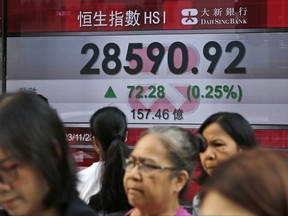 People walk past an electronic stock board showing the Hang Seng Index at a bank in Hong Kong, Friday, Nov. 3, 2017. Asian stocks were drifting Friday in holiday-thinned trading as investors digested news about the Fed's next chief and a U.S. tax cut plan. (AP Photo/Kin Cheung)