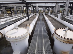 Pipes at the Kinder Morgan Trans Mountain facility in Edmonton, Alberta.