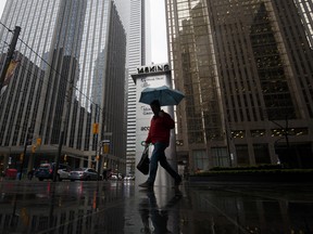 A pedestrian carries an umbrella while walking past signage for Home Trust Co., a subsidiary of Home Capital Group Inc., outside the company's headquarters in Toronto.