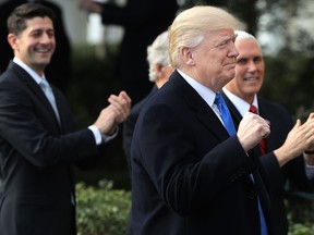 U.S. President Donald Trump pumps his fist during an event to celebrate Congress passing the Tax Cuts and Jobs Act with Republican members of the House and Senate on the South Lawn of the White House December 20, 2017 in Washington, D.C.