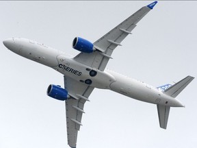 A Bombardier CS300 performs at the International Paris Airshow.