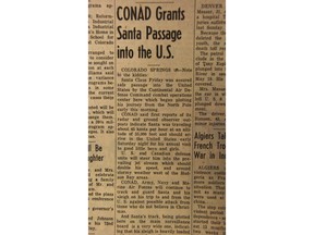 This photo of the front page of The GreeleyTribune in Greeley, Colo., from Dec. 23, 1955, shows an Associated Press story about the Continental Air Defense Command or CONAD tracking Santa Claus. The U.S. military's Santa-tracking program began that year after a newspaper ad invited children to call Santa but inadvertently ran the phone number of CONAD's hotline. Now in its 62nd year, the program is operated by CONAD's successor, the North American Aerospace Defense Command, a U.S.-Canadian military command at Peterson Air Force Base, Colorado.