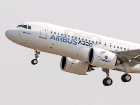 The new Airbus A320neo takes off for its first test flight at Toulouse-Blagnac airport, southwestern France, Thursday, Sept. 25, 2014. Bombardier Aerostructures and Engineering Services announced today that it has been selected by Airbus as a supplier on a new engine nacelle programme for the Pratt & Whitney powered A320neo family of aircraft.