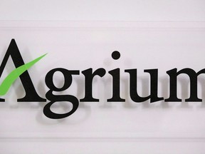 The Agrium logo is shown at the company's annual meeting in Calgary, Tuesday, May 2, 2017.