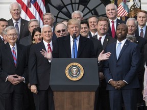 President Donald Trump joined by Senate Majority Leader Mitch McConnell of Ky., Vice President Mike Pence, Speaker of the House Paul Ryan, R-Wis., Sen. Tim Scott, R-S.C., front right, and other members of congress, speaks during an event on the South Lawn of the White House in Washington, Wednesday, Dec. 20, 2017, to acknowledge the final passage of tax overhaul legislation by Congress.